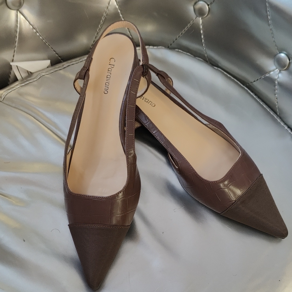 Caparros Brown Pointed Slingback Flats with Croc-Effect Upper